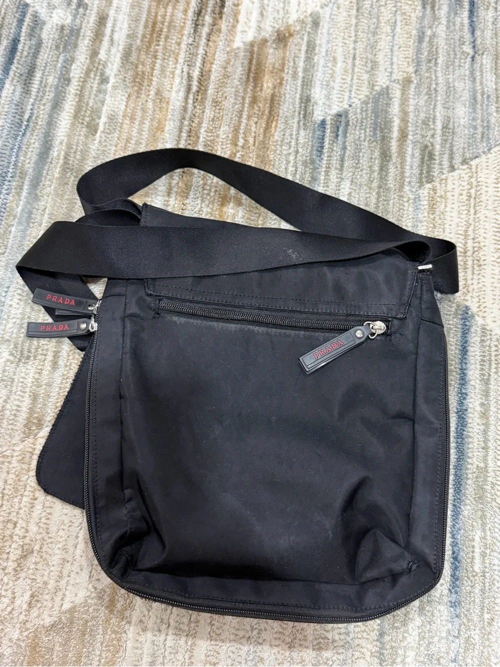 Prada Black Nylon Messenger Bag with Red Logo Accents